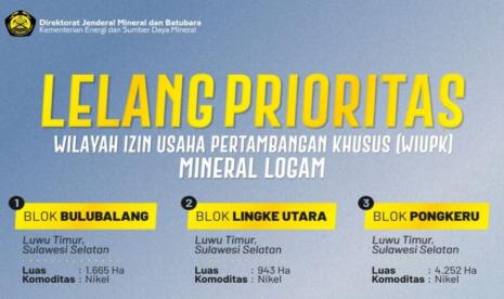 Pengumuman lelang prioritas tiga wilayah izin usaha pertambangan khusus (WIUPK) mineral logam.