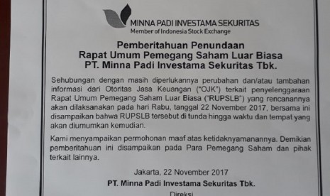 Pengumuman pembatalan RUPSLB Minna Padi.