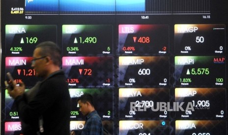 Pengunjung melintas di dekat layar pergerakan Indeks Harga Saham Gabungan (IHSG) di Gedung Bursa Efek Indonesia (BEI), Jakarta, Selasa (14/3).