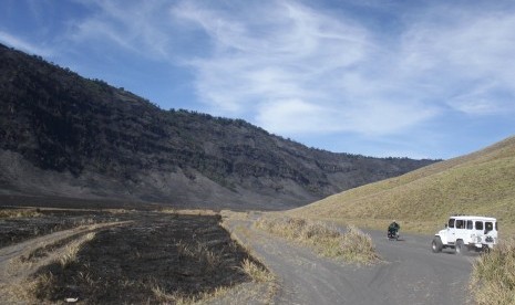 Pengunjung melintas di padang sabana yang sebagian telah terbakar di kawasan Gunung Bromo, Probolinggo, Jawa Timur, Rabu (13/9).