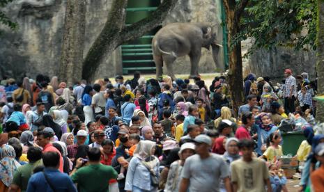 Pengunjung memadati kawasan Taman Margasatwa Ragunan (TMR), Jakarta, Ahad (23/4/2023). 