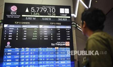 Pengunjung mengamati layar pergerakan Indeks Harga Saham Gabungan (IHSG) di Bursa Efek Indonesia (BEI), Jakarta, Jumat (12/10).