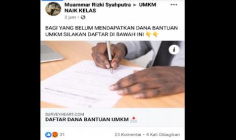 Penjelasan: Dari hasil penelusuran ANTARA, diketahui pesan yang dibagikan ke grup Facebook itu merupakan hoaks dan tautan tersebut termasuk upaya penipuan. Faktanya, pendaftaran untuk mendapatkan BLT UMKM bukan dilakukan dengan mengisi data diri melalui tautan daring. Pelaku usaha kecil dan menengah yang ingin mendaftar bantuan harus menghubungi Dinas Koperasi Usaha Kecil Menengah di kabupaten/kota tempat tinggal, sebagaimana dilaporkan tribunnews.com. Dinas Koperasi Usaha Kecil Menengah akan meminta data diri dan profil usaha, untuk disesuaikan dengan lima syarat yang ditentukan, yaitu: 1. Memiliki usaha berskala mikro 2. WNI 3. Bukan ASN (Aparatur Sipil Negara), TNI/Polri, pegawai BUMN/BUMD 4. Tidak sedang memiliki pinjaman di bank dan Kredit Usaha Rakyat (KUR) 5. Pelaku usaha mikro yang memiliki alamat berbeda antara domisili dan lokasi usaha, maka dapat melampirkan Surat Keterangan Usaha (SKU).  Jika memenuhi syarat, calon penerima akan mendapatkan pesan singkat (SMS) dari bank penyalur BLT UMKM untuk mencairkan dana bantuan melalui tiga bank, yakni BRI, BNI, atau Bank Syariah Mandiri.