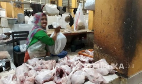 Penjual daging ayam di Pasar Beringharjo Rabu (25/7). Penjualan daging ayam sepi, sebelum harga naik sehari saya bisa menjual.100 kilogram saging ayam , sekarang dalam sehari hanya terjual 20 kilogram, kata Ida pada Republika,  