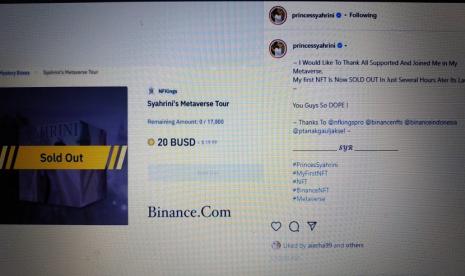 Penyanyi Syahrini mulai merambah bisnis Metaverse dengan meluncurkan aset digital Non-Fungibel Token (NFT) pertamanya melalui Binance.