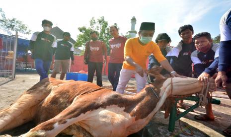 Penyembelihan hewan kurban di halaman Masjid Sabilul Muttaqin Perumahan Pertamina Bumi Patra, Indramayu.