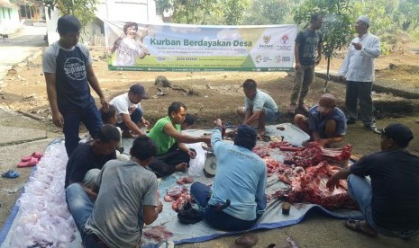 Penyembelihan hewan kurban UPZ Kemenpora dan BAZNAS  di  Pondok Pesantren Al Mubaarak RT 02/06, Kampung Cibeureum, Desa Cibatok II, Kabupaten Bogor.