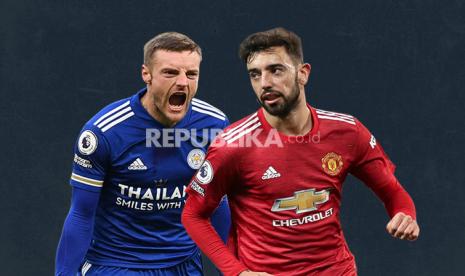 Penyerang Leicester City Jamie Vardy (kiri) dan playmaker Manchester United (MU) Bruno Fernandes. Leicester akan menjamu MU pada pertandingan Liga Primer Inggris di Stadion King Power, Sabtu (26/12).