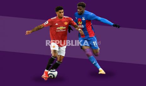 Penyerang Manchester United Marcus Rashford (kiri) akan beradu ketajaman dengan striker Crystal Palace Wilfried Zaha di Selhurst Park, Kamis (4/3) dini hari WIB.