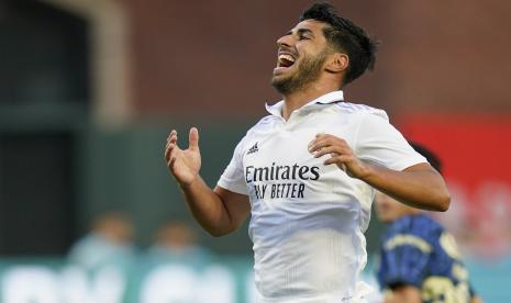  Penyerang Real Madrid Marco Asensio (11) bereaksi setelah kehilangan peluang ke gawang América pada babak pertama pertandingan persahabatan sepak bola di San Francisco, Selasa, 26 Juli 2022.