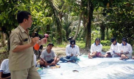 Penyuluh dari BPP Kostratani Asahan menggelar Sekolah Lapang (SL) bagi petani daerah irigasi (DI). Kostratani ajak petani lakukan pemupukan sesuai kebutuhan umur padi