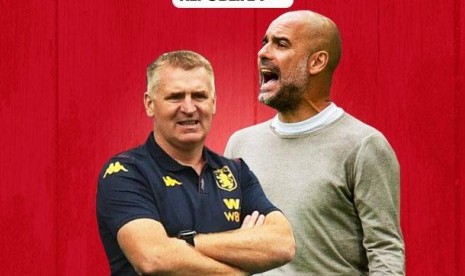 Dean Smith (pelatih Aston Villa/kiri) dan Pep Guardiola.