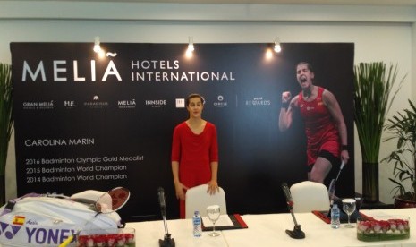 Peraih emas Olimpiade 2016 asal Spanyol, Carolina Marin didapuk menjadi duta Melia Hotels International di Hotel Gran Melia Jakarta, Senin (12/6).