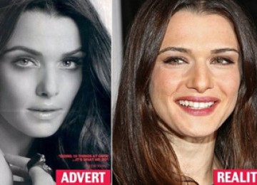 Perbandingan wajah Rachel Weisz antara iklan (kiri) dan realita (kanan) 