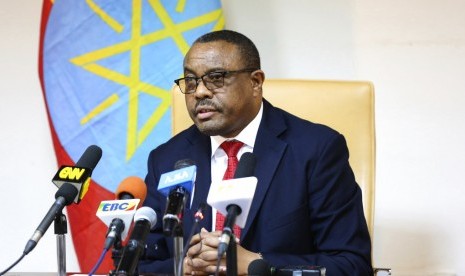 Perdana Menteri Ethiopia Hailemariam Desalegn saat konferensi pers pengunduran dirinya di Addis Ababa, Kamis (15/2).