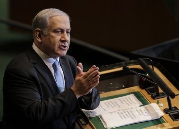 Perdana Menteri Israel Benyamin Netanyahu dalam pidatonya di Sidang Majelis Umum PBB, Jumat