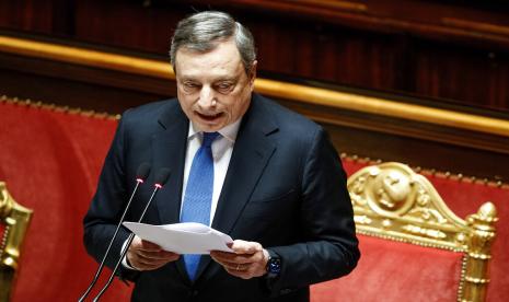 Perdana Menteri Italia Mario Draghi berpidato di Senat di Roma, Selasa, 21 Juni 2022.