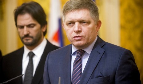 Perdana Menteri Slowakia Robert Fico memberikan keterangan pers setelah pecahnya protes pascakematian jurnalis Jan Kuciak.