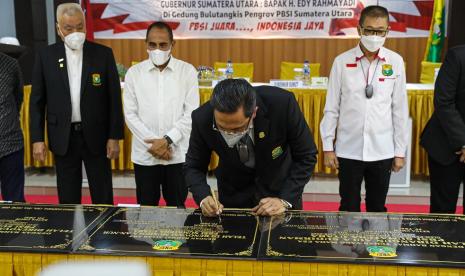 Peresmian Pelatnas Wilayah (Pelatwil) Barat Persatuan Bulu Tangkis Seluruh Indonesia (PBSI) di Medan, Sumatra Utara, Selasa (11/1/2022) oleh Ketua Umum PP PBSI Agung Furman Sampurna.