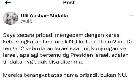 Gus Ulil menyebut pertemuan dengan Presiden Israel tidak bisa diterima