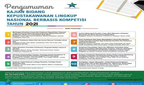 Perpustakaan Nasional mulai bulan April 2021 menyelenggarakan Kajian Bidang Kepustakawanan Lingkup Nasional Berbasis Kompetisi. Pustakawan yang berminat mengikuti kajian harus mengirimkan proposal yang akan dinilai oleh Juri yang ditetapkan oleh Kepala Perpustakaan Nasional RI.