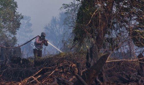 Siaga Darurat Karhutla: Personel Kepolisian Resor Dumai memadamkan kebakaran lahan gambut di Kota Dumai, Riau, Selasa (26/2/2019).