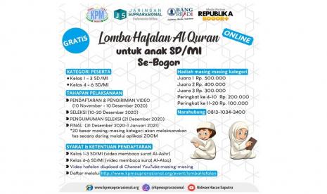 Pertama kalinya lembaga Bang Read1 akan menyelenggarakan Lomba Hafalan Al-Qur’an. Pelaksanaan lomba untuk siswa kelas1-6 SD/MI ini diselenggrakan secara virtual  dalam  rangka mematuhi protokol kesehatan pandemi Covid-19.