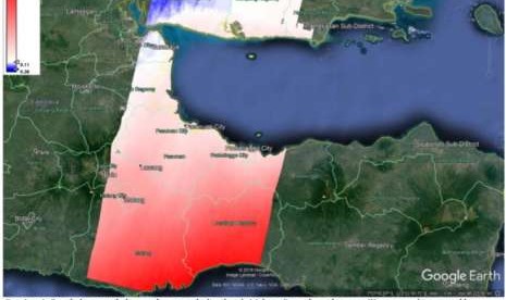 Perubahan vertikal permukaan tanah di wilayah Malang Raya dan sekitarnya.Warna merah menunjukkan penurunan sementara warna biru menunjukkan kenaikan dari permukaan tanah. (Sumber: Hasil analisis Grup Riset Geoinformatika, FILKOM UB).