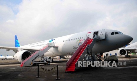 Pesawat Garuda Airbus 330-300 di Hanggar 4 GMF Aeroasia, Bandara Soekarno-Hatta, Kota Tanggerang, Provinsi Banten, Senin (1/2).