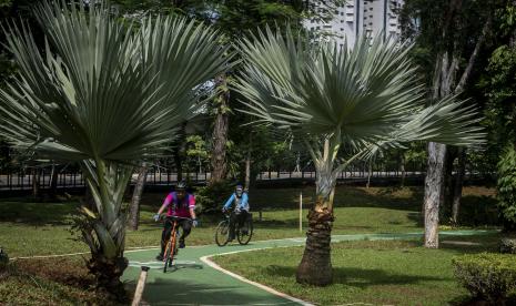 Pesepeda melintas di jalur sepeda Taman Semanggi, Jakarta, Rabu (12/10/2022). 