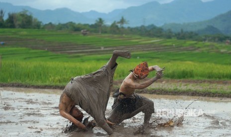 Pesilat memeragakan atraksi Silek Bagoluk Lunau, di Nagari Ampangan Aur Kuning, Payakumbuh, Sumatera Barat, Sabtu (2/12). 