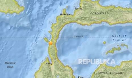 Peta dengan episentrum gempa berkekuatan 7,7 skala Richter di dekat Palu, Jumat (28/9).