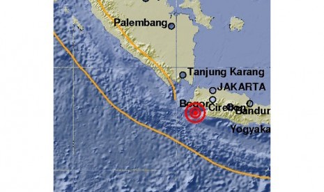 Peta gempa bumi 6,4 SR yang mengguncang Provinsi Banten, Selasa (23/1). 