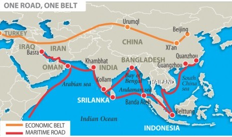 Peta one belt one road, obor yang merupakan jalur sutra baru dinisiasi Cina (ilustrasi). Cina menjadi tuan rumah pertemuan puncak pertamanya dengan para pemimpin dari lima negara Asia Tengah yang sangat penting bagi proyek Belt and Road Initiative (BRI) yang diinisiasi Cina.