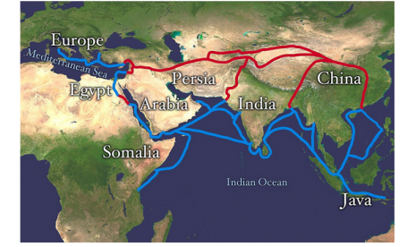 Peta rute perdagangan maritim di Samudra Hindia