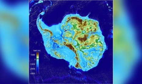 Peta topografi gletser yang menggambarkan keberadaan lembah atau daratan  terdalam di dunia.