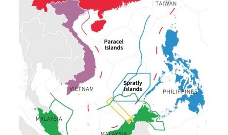 Peta wilayah perairan Laut Cina Selatan yang diklaim Brunei, Cina, Malaysia, Filipina dan Vietnam.