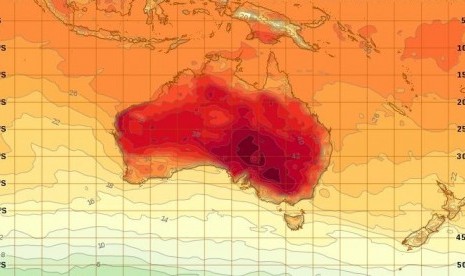 Peta yang menunjukkan tingkat panas di Australia.