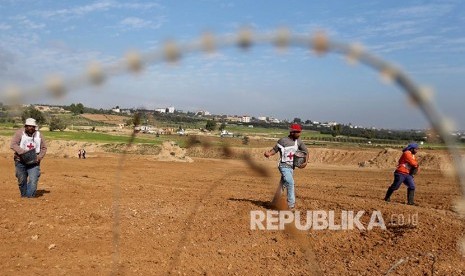 Petani Palestina menebarkan bibit gandum di sebuah ladang di perbatasan Israel - Garza di Jalur Gaza setelah hampir 14 tahun tidak bisa mengakses lahan ini. Program ini di dibantu Komite Palang Merah Internasional (ICRC) bekerja sama dengan pemerintah Palestina pimpinan Hamas.