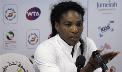 Petenis Amerika Serikat, Serena Williams, menggelar jumpa pers di Kejuaraan Dubai di Dubai, Uni Emirat Arab, Rabu (20/2). 