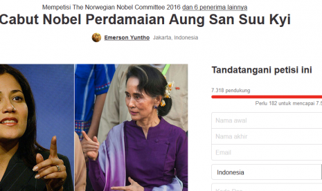 Petisi cabut nobel perdamaian milik Aung San Suu Kyi di Change.org, Senin (28/3).