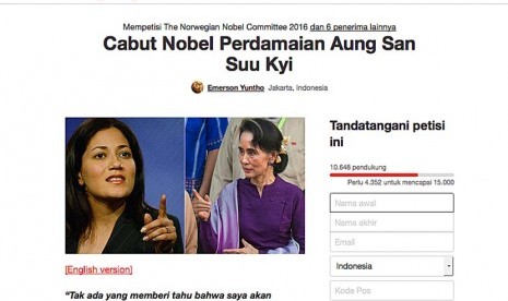 Petisi cabut nobel perdamaian milik Aung San Suu Kyi di situs Change.org.