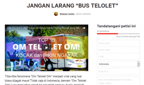 Petisi soal larangan bus 'Telolet' oleh Menteri Perhubungan, Budi Karya, yang diajukan sejumlah aktivis yang diketuai Emerson Yuntho di situs change.org, Kamis (22/12).