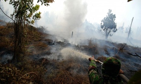 Officers tried to extinguish fires in peatlands Rimbo Panjang Village, Kampar, Riau, on Thursday (6/10).