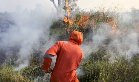 Petugas gabungan dari BPBD Kab Ogan Ilir (OI), Manggala Agni Daops Banyuasin, TNI dan Polri melakukan pemadaman kebakaran lahan di Pulau Semambu, Ogan Ilir, Sumatra Selatan, Jumat (27/7).