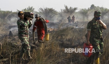 Petugas gabungan dari BPBD Ogan Ilir (OI) dan TNI memanggul peralatan pemadam saat melakukan pemadaman kebakaran lahan gambut yang berada di perkebunan sawit di Desa Parit, Indralaya Utara, Ogan Ilir (OI), Sumatera Selatan, Jumat (20/7).