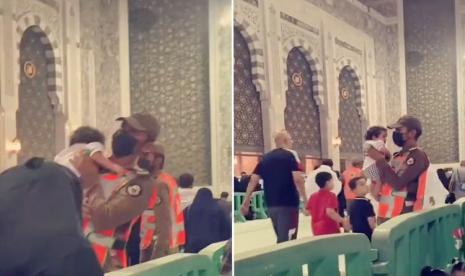 Petugas keamanan Masjidil Haram, Makkah, Arab Saudi viral di media sosial karena bantu menjaga bayi agar ibunya bisa sholat. Viral! Petugas Keamanan Masjidil Haram Jadi Perhatian Warganet, Kali Ini Sedang Jaga Bayi