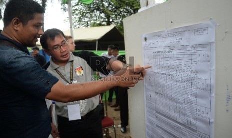 Petugas KPPS (Kelompok Penyelenggara Pemungutan Suara) menghitung kertas suara di TPS 44 Pemilukada Tangsel, Serpong, Tangsel, Rabu (9/12).