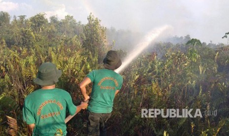 Petugas Manggala Agni Daops Pangkalan Bun melakukan pemadaman kebakaran hutan dan lahan di Desa Bangkuang Makmur, Kecamatan Mentawa Baru Ketapang, Kabupaten Kotawaringin Timur.