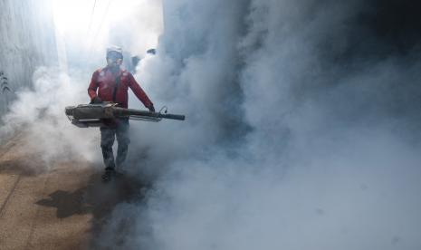 Petugas melakukan fogging atau pengasapan menyusul adanya temuan kasus penyakit DBD di Kabupaten Asmat. Ilustrasi.